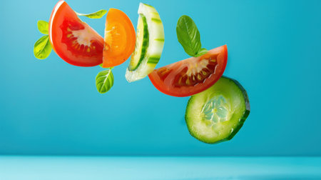 Vibrant vegetable slices including tomato, cucumber, and carrot appear to float against a bright blue background, showcasing freshness and creativity in food presentation.の素材