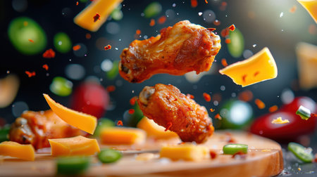 Experience the excitement of a dynamic food scene with spicy chicken wings and cheddar cheese artfully suspended in motion amidst vibrant vegetables.の素材