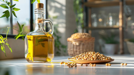 A bright kitchen scene featuring a glass bottle filled with olive oil next to a bowl of raw seeds. Sunlight enhances the fresh, natural aesthetic.の素材