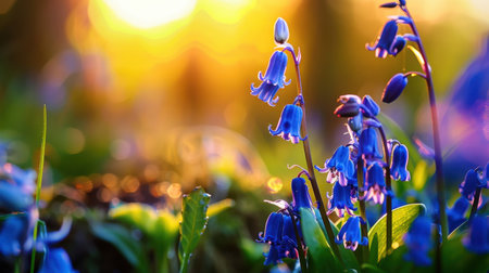A stunning display of bluebell flowers captured in soft focus with warm sunlight illuminating the scene, showcasing spring beauty and tranquility in nature.の素材
