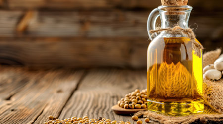 A beautifully styled glass bottle filled with golden oil sits on a rustic wooden table surrounded by seeds, showcasing a healthy cooking theme.の素材