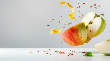 A vibrant and artistic representation of a fresh sliced apple with flying seeds and peels, symbolizing nutrition and healthy living in a minimalist setting.の素材