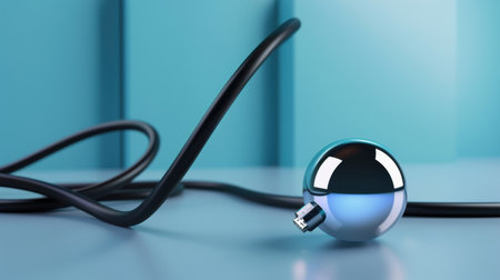 A sleek, glossy sphere with a valve is positioned next to a black cable on a vibrant blue surface, creating a modern and artistic composition.の素材