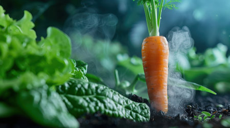 A freshly harvested carrot rises from the dark soil, enveloped in ethereal steam, amidst a lush garden of greens. This captivating image captures the essence of healthy, organic farming and the beauty of fresh produce. Perfect for nature and food enthusiasts.の素材