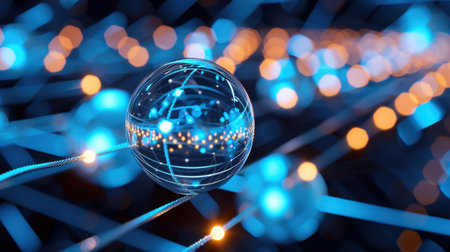 A captivating abstract representation of a transparent sphere surrounded by glowing connections, showcasing the beauty of technology and innovation.の素材