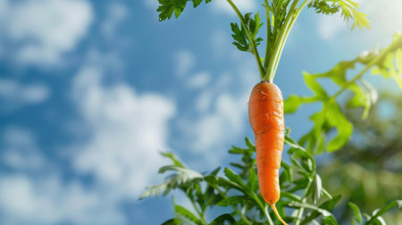 A vibrant orange carrot is freshly harvested, suspended among lush green leaves, set against a bright blue sky adorned with fluffy clouds.の素材