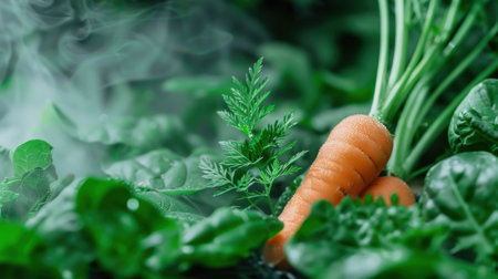 A stunning close-up view of freshly harvested carrots nestled in vibrant green spinach leaves, surrounded by a misty backdrop, showcasing organic gardening beauty.の素材