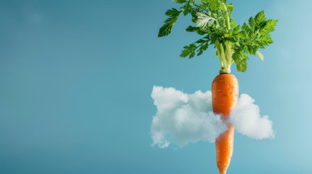 A whimsical image of a carrot floating amidst fluffy clouds against a bright blue background, showcasing the playful side of vegetables and nature's beauty.の素材