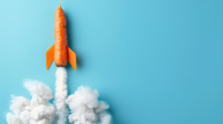 A quirky illustration of a carrot designed as a rocket, soaring through a vibrant blue sky with dynamic smoke and flames, symbolizing creativity and fun.の素材