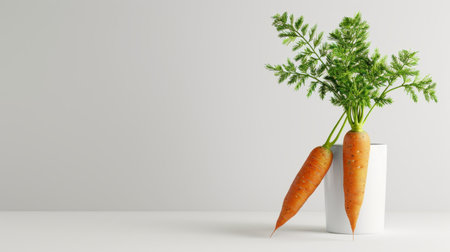 This image showcases a pair of fresh organic carrots with lush green tops elegantly positioned in a simple white pot against a minimalist background. Perfect for health and wellness themes.の素材