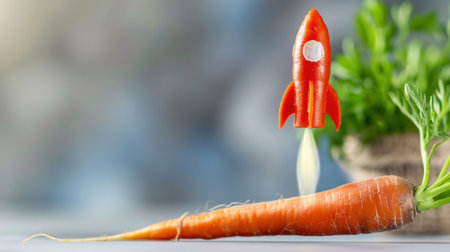 This imaginative image combines a vibrant carrot and a playful rocket, symbolizing innovation in agriculture and fresh food. Ideal for creative projects.の素材