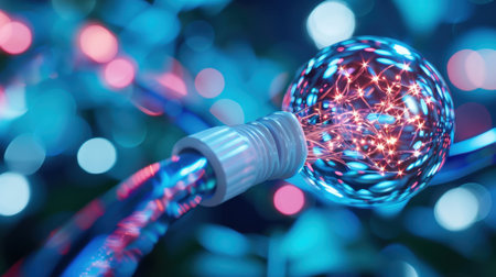 A stunning close-up of a colorful light bulb emitting dazzling sparks, set against a backdrop of enchanting bokeh effects, creating a magical atmosphere.の素材