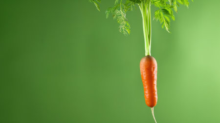 A vibrant, freshly harvested carrot with lush green leaves hangs against a soft green background, illustrating healthy eating and organic produce themes.の素材