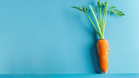 A vibrant orange carrot with green tops against a blue background, symbolizing health, freshness, and the importance of incorporating vegetables into a balanced diet.の素材