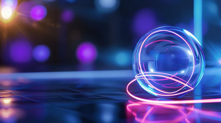 This image showcases a glowing sphere surrounded by colorful lights, creating a vibrant and modern abstract composition set against a dark background.の素材
