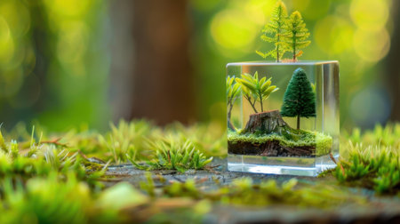 This captivating image features a miniature forest landscape encased in a clear resin block, showcasing vibrant greenery and delicate trees, evoking tranquility and connection to nature.の素材