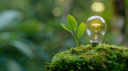 A unique composition showing a light bulb nestled among vibrant greenery, symbolizing the union of technology and nature in promoting sustainable energy solutions.の素材