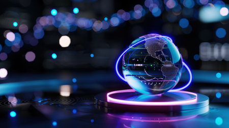 A vibrant, futuristic digital globe illuminated with neon lights illustrates global connectivity within a high-tech environment, perfect for technology themes.の素材