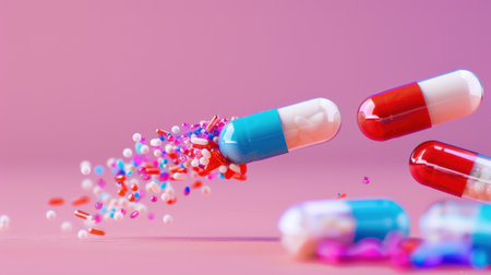 This vibrant image showcases colorful capsules spilling their contents on a soft pink background, symbolizing health, wellness, and creativity in healthcare.の素材