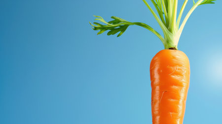 A single vibrant orange carrot with lush green leaves stands prominently against a bright blue background, highlighting its freshness and health benefits.の素材