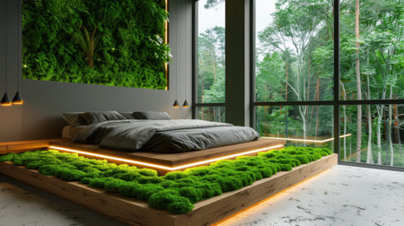A stunning modern bedroom design showcasing a green wall, cozy bedding, and natural elements that create a serene and tranquil atmosphere for relaxation.の素材