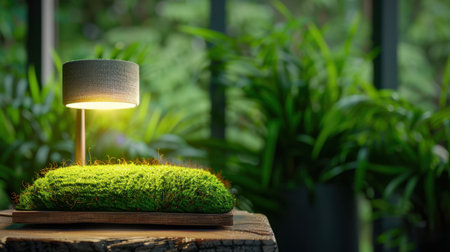 A cozy lamp emits a warm glow on a lush mossy base, surrounded by vibrant green plants, creating a serene atmosphere in a modern indoor space.の素材
