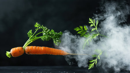 A striking image of a fresh carrot with bright green leaves, enveloped in swirling smoke against a dark background. Ideal for culinary and health themes.の素材