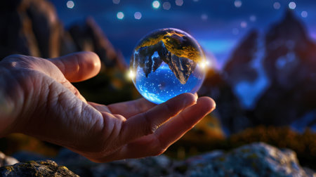 A mesmerizing scene featuring a hand delicately holding a crystal sphere that reflects a stunning mountain landscape under a starry night sky.の素材