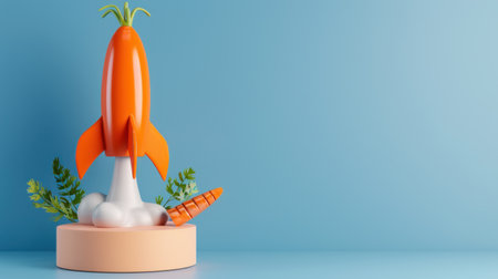 This colorful and whimsical rocket sculpture, inspired by a carrot, is set against a soft blue background. It's a playful and imaginative representation of creativity, blending elements of nature and art in a unique design.の素材
