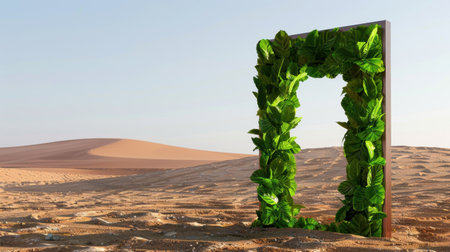This image features a captivating juxtaposition of an open door framed with lush greenery against a barren desert landscape, symbolizing hope and transformation.の素材