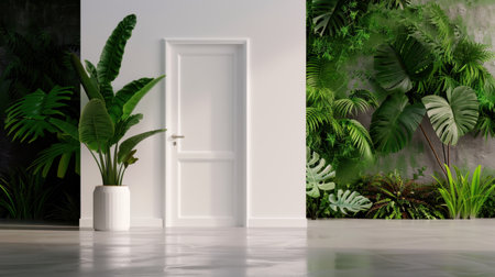 This stunning interior features a white doorway surrounded by lush tropical plants, creating a serene and stylish atmosphere. The modern design highlights freshness and tranquility.の素材