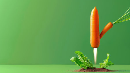 A whimsical representation of a carrot taking flight from rich soil, surrounded by fresh green leaves, set against a vibrant backdrop that signifies freshness and creativity.の素材