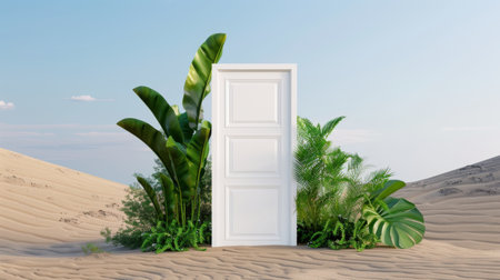 A captivating image of a white door framed by vibrant green plants in a serene desert setting, symbolizing adventure and new beginnings.の素材