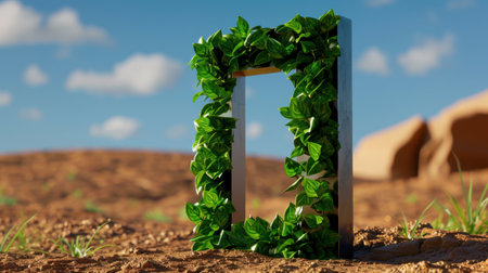 A green frame adorned with vibrant ivy leaves stands in a serene desert landscape, highlighting the contrast between nature and minimalism under a bright blue sky.の素材