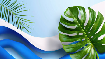 This image showcases vibrant tropical leaves against a light blue background with abstract waves, perfect for nature-inspired themes and summer designs.の素材