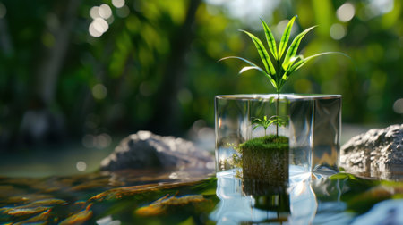 A vibrant young green plant grows from a clear glass cube in tranquil water, symbolizing life, growth, and harmony in nature. The serene setting captures a moment of beauty and rejuvenation.の素材