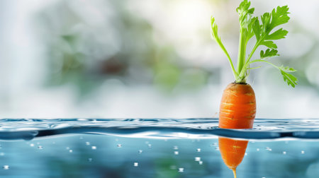A vibrant carrot with fresh green leaves emerges above a serene water surface, capturing the essence of freshness and healthy living in a sunlit kitchen setting.の素材