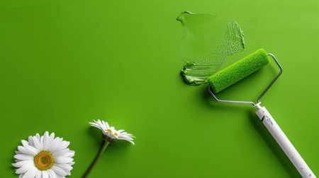 Bright green painting setup featuring a paint roller and elegant daisies. Ideal for home renovation and interior design inspiration. A cheerful scene.の素材