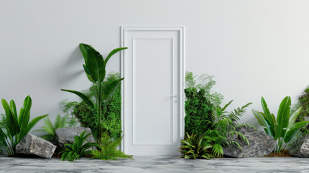 A sleek white door is set against a backdrop of vibrant green plants and smooth stones, creating a serene and inviting indoor environment perfect for relaxation.の素材