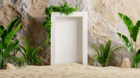 A minimalist white frame enveloped by lush greenery and soft sand creates a serene atmosphere in a natural setting, perfect for creative displays.の素材