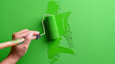 A close-up view of a hand holding a paint roller, applying bright green paint on a wall. Perfect for illustrating home improvement and DIY projects.の素材