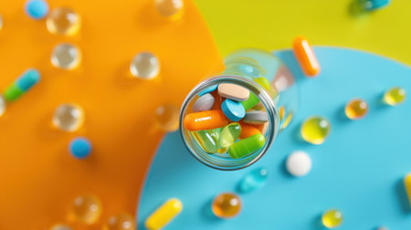 This image showcases a vibrant arrangement of colorful capsules and gel pills spilling from a glass bottle, set against a bold geometric background.の素材