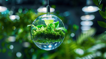 A stunning glass terrarium features vibrant green plants and soft moss, creating a peaceful indoor garden aesthetic. Perfect for modern decor.の素材