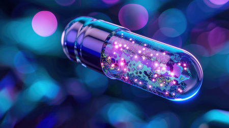 A vibrant futuristic capsule floats in an imaginative space filled with glowing particles, representing health and wellness in a colorful abstract scene.の素材