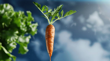 A vibrant orange carrot with lush green leaves hangs in mid-air against a serene blue sky adorned with clouds, symbolizing healthy eating and organic farming.の素材