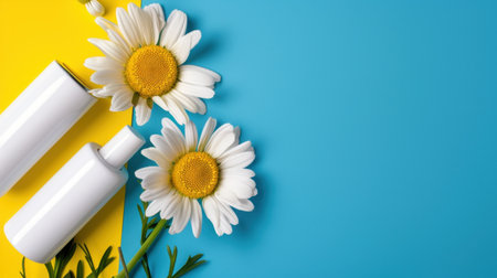 This vibrant image features fresh daisies and sleek cosmetic bottles, ideal for beauty and skincare themes. The striking blue and yellow background enhances a fresh and energizing feel.の素材