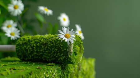 A colorful paint roller covered with moss and adorned with daisies, set against a soft green background, symbolizes creativity and nature's beauty.の素材