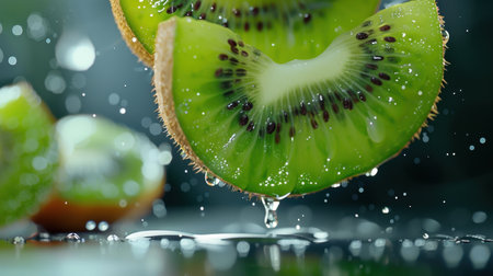 Vibrant fresh kiwi slices fall with water droplets glistening on a dark background, creating a refreshing and appetizing visual for healthy food lovers.の素材