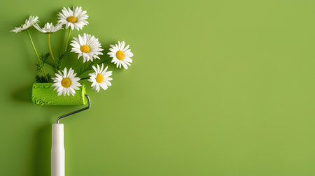 This unique image features a paint roller creatively filled with daisies, set against a vibrant green background. It symbolizes fresh decor ideas, blending nature and art in a refreshing way.の素材