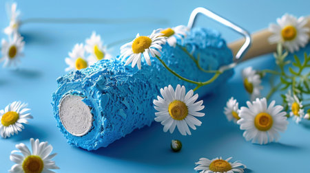 A vibrant blue paint roller is artfully arranged with fresh white daisies on a soothing blue background, evoking themes of creativity and renewal.の素材